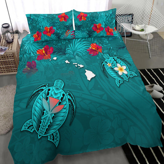 Hawaiian Islands Bedding Set Hawaii Tropical Flowers and Turtles Turquoise