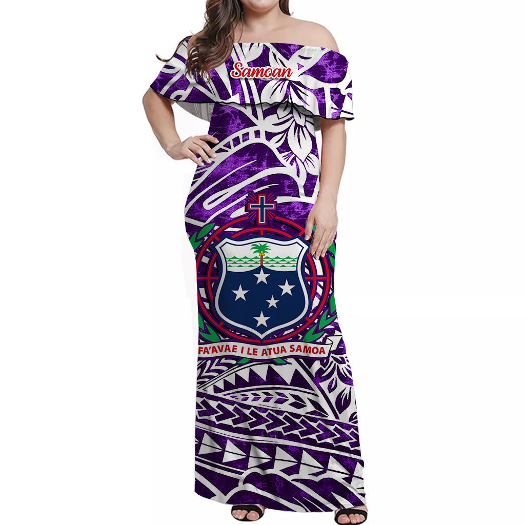 Samoa Off Shoulder Long Dress Hibiscus and Turtles Purple
