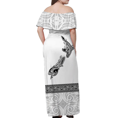Custom Personalised New Zealand Off Shoulder Long Dress Maori Fern and Map White