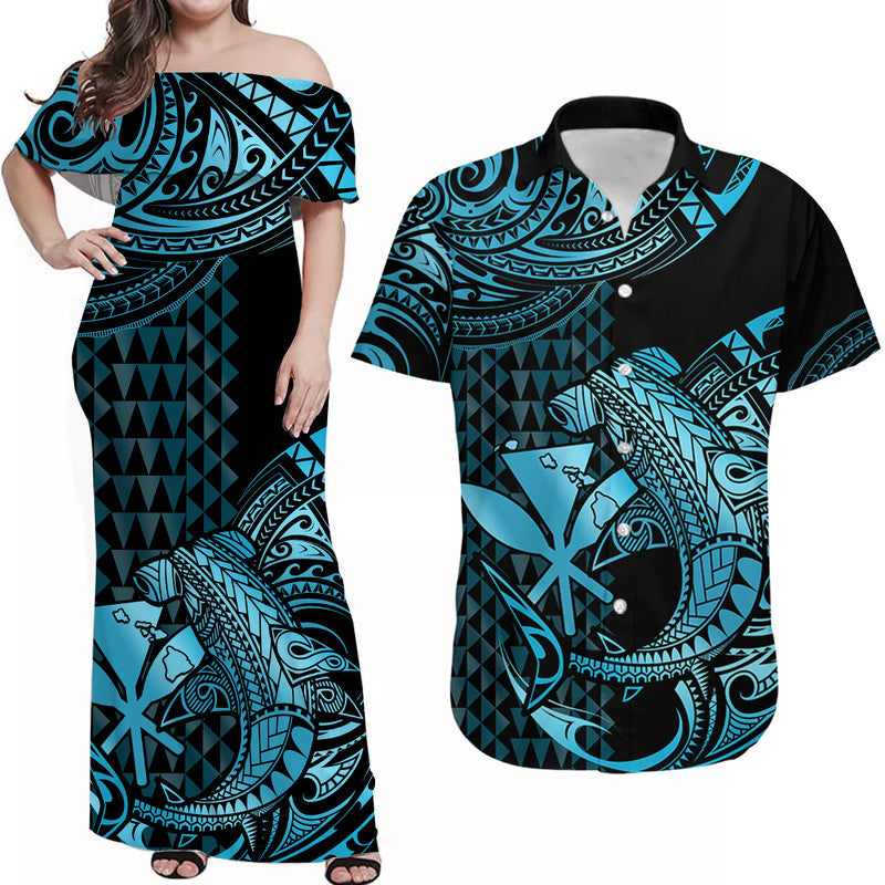 Matching Outfits For Couples Hawaii Hammerhead Shark Combo Dress And Hawaiian Shirt Polynesian Kakau With Kanaka Turquoise