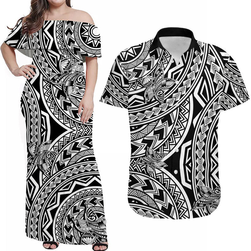 Matching Outfits For Couples Polynesia Combo Dress and Hawaiian Shirt Tattoo Plumeria Black