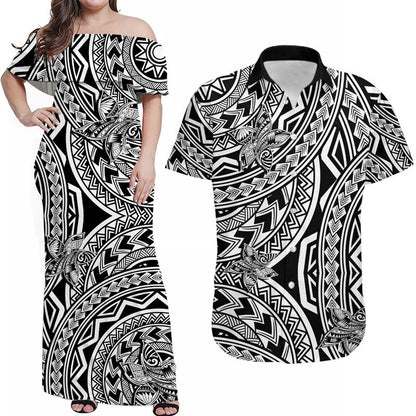 Matching Outfits For Couples Polynesia Combo Dress and Hawaiian Shirt Tattoo Plumeria Black