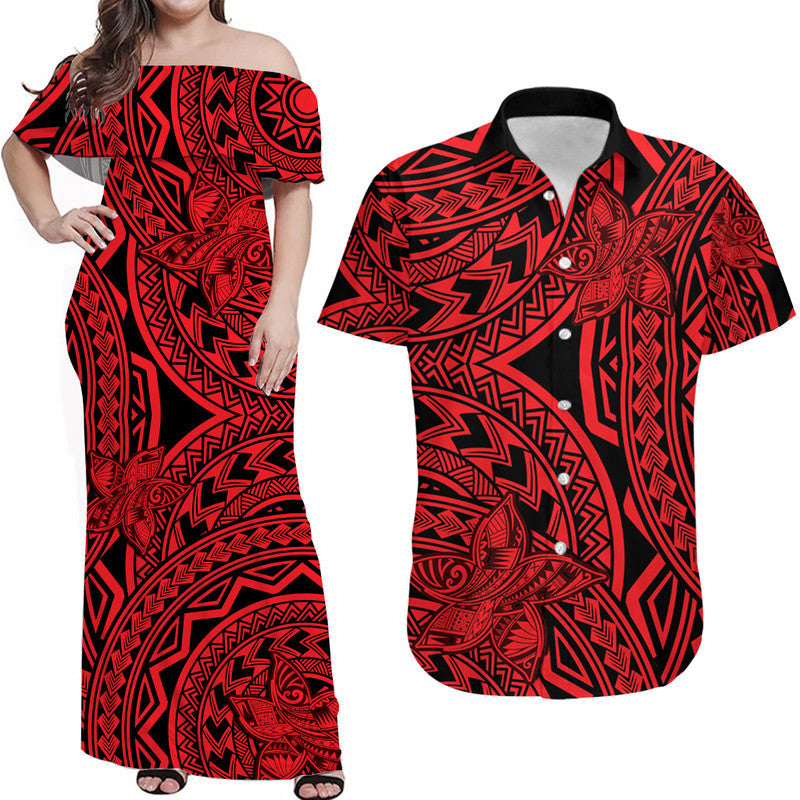 Matching Outfits For Couples Polynesia Combo Dress and Hawaiian Shirt Tattoo Plumeria Red