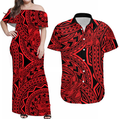 Matching Outfits For Couples Polynesia Combo Dress and Hawaiian Shirt Tattoo Plumeria Red