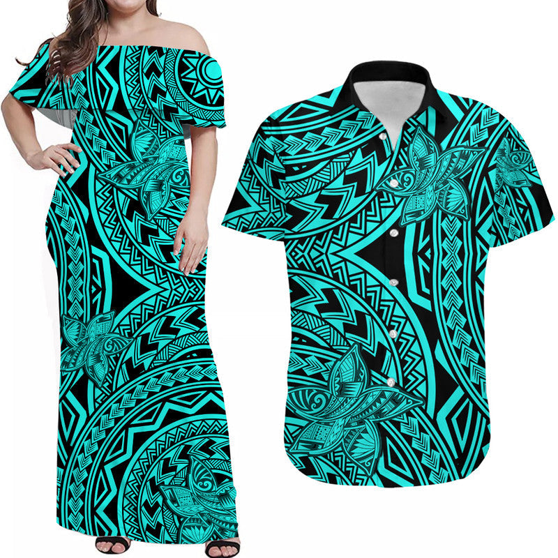 Matching Outfits For Couples Polynesia Combo Dress and Hawaiian Shirt Tattoo Plumeria Turquoise