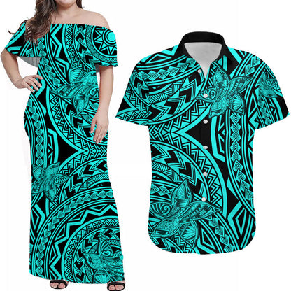 Matching Outfits For Couples Polynesia Combo Dress and Hawaiian Shirt Tattoo Plumeria Turquoise