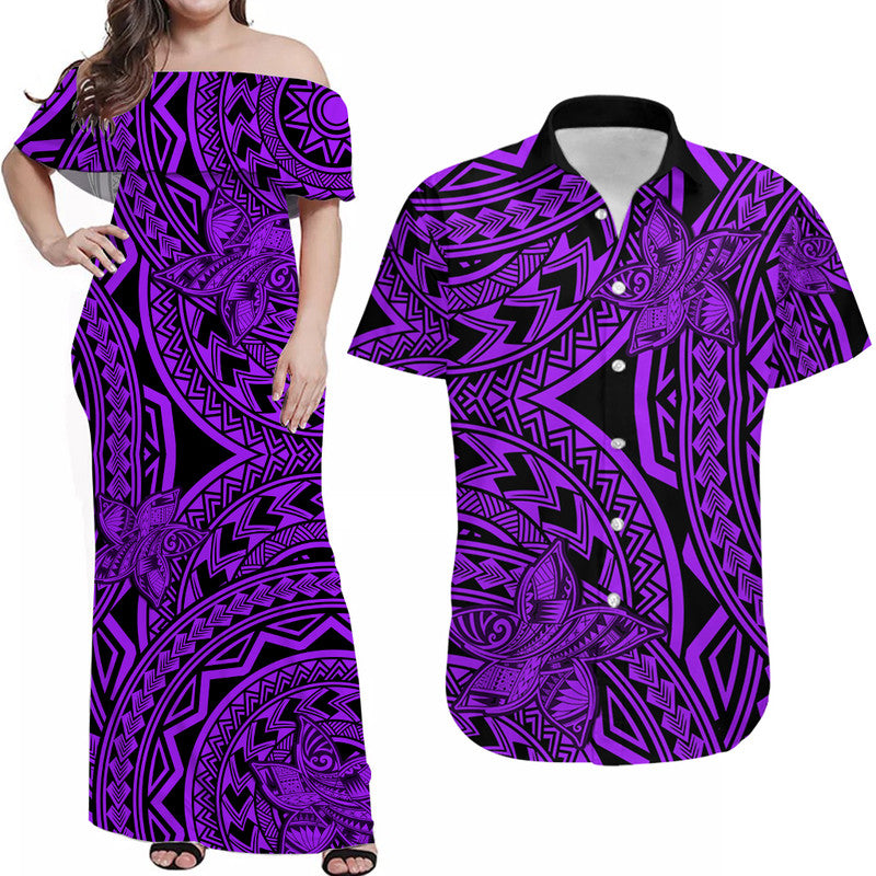 Matching Outfits For Couples Polynesia Combo Dress and Hawaiian Shirt Tattoo Plumeria Purple