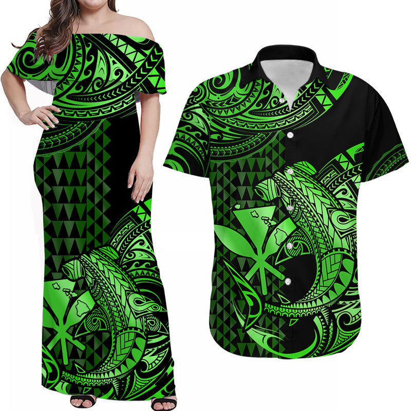 Matching Outfits For Couples Hawaii Hammerhead Shark Combo Dress And Hawaiian Shirt Polynesian Kakau With Kanaka Green