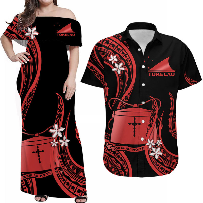 Matching Outfits For Couples Tokelau Combo Dress and Hawaiian Shirt Tokelauan Tatau With Badge Red