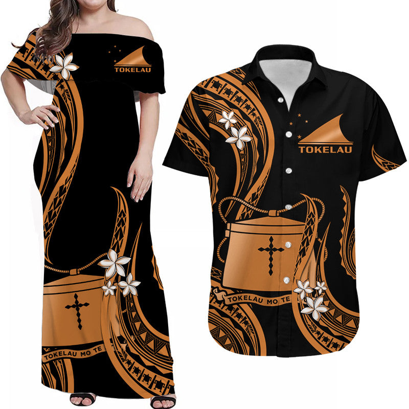 Matching Outfits For Couples Tokelau Combo Dress and Hawaiian Shirt Tokelauan Tatau With Badge Gold