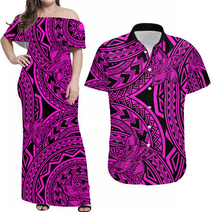 Matching Outfits For Couples Polynesia Combo Dress and Hawaiian Shirt Tattoo Plumeria Pink