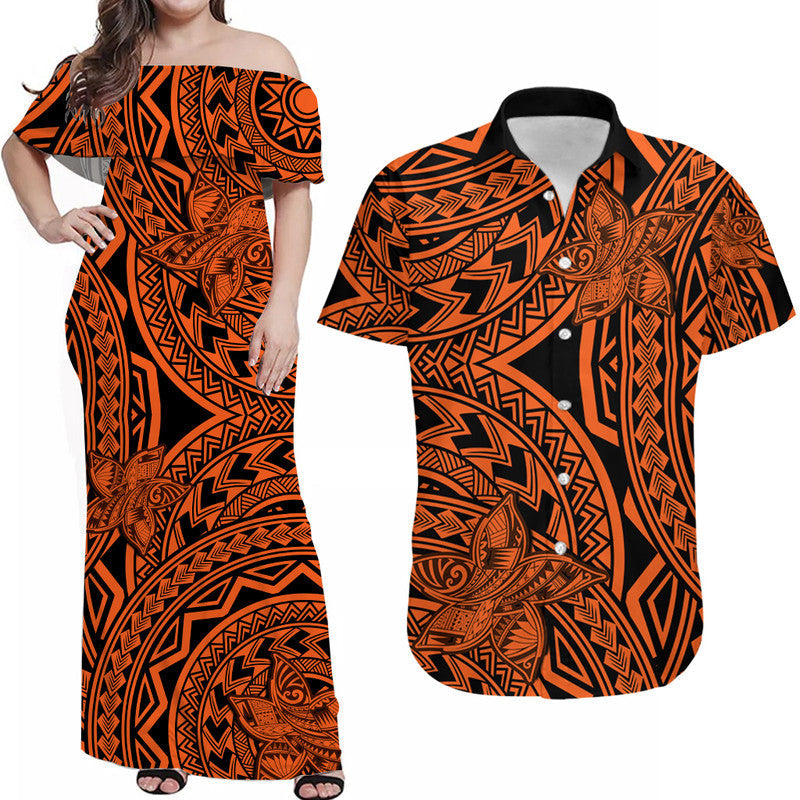 Matching Outfits For Couples Polynesia Combo Dress and Hawaiian Shirt Tattoo Plumeria Orange