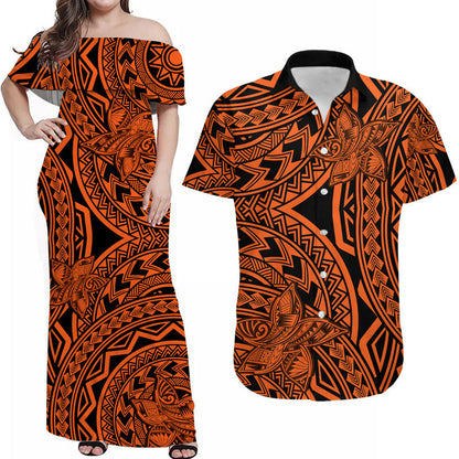 Matching Outfits For Couples Polynesia Combo Dress and Hawaiian Shirt Tattoo Plumeria Orange