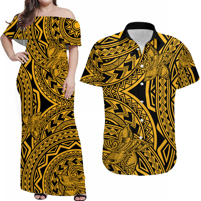Matching Outfits For Couples Polynesia Combo Dress and Hawaiian Shirt Tattoo Plumeria Gold