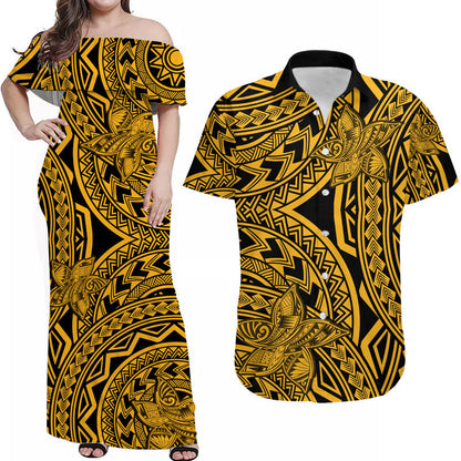 Matching Outfits For Couples Polynesia Combo Dress and Hawaiian Shirt Tattoo Plumeria Gold