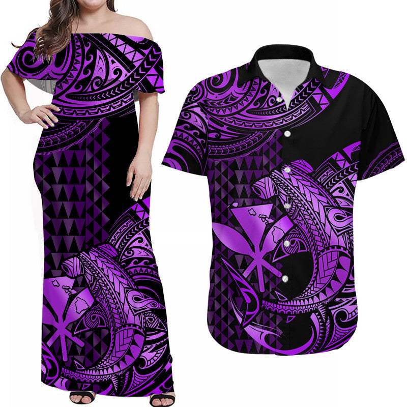 Matching Outfits For Couples Hawaii Hammerhead Shark Combo Dress And Hawaiian Shirt Polynesian Kakau With Kanaka Purple