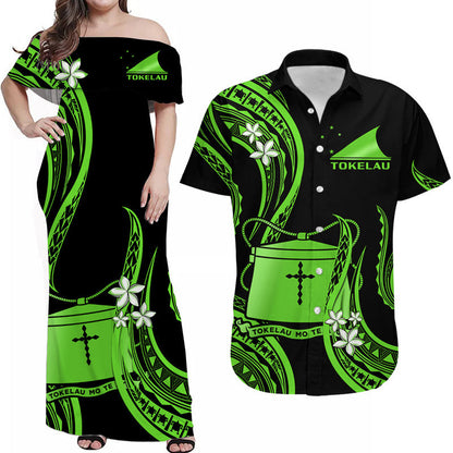 Matching Outfits For Couples Tokelau Combo Dress and Hawaiian Shirt Tokelauan Tatau With Badge Green