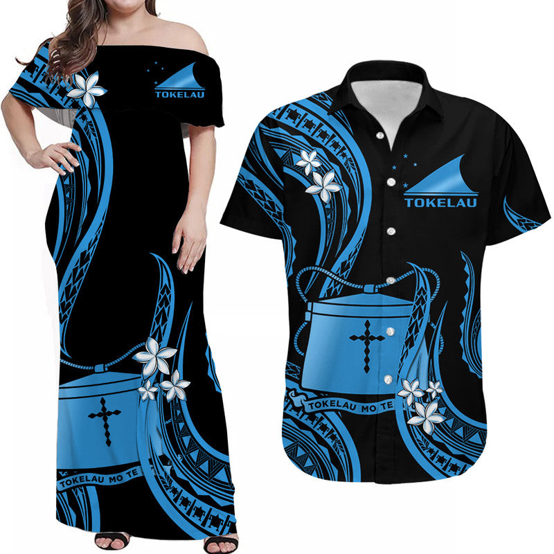 Matching Outfits For Couples Tokelau Combo Dress and Hawaiian Shirt Tokelauan Tatau With Badge Blue