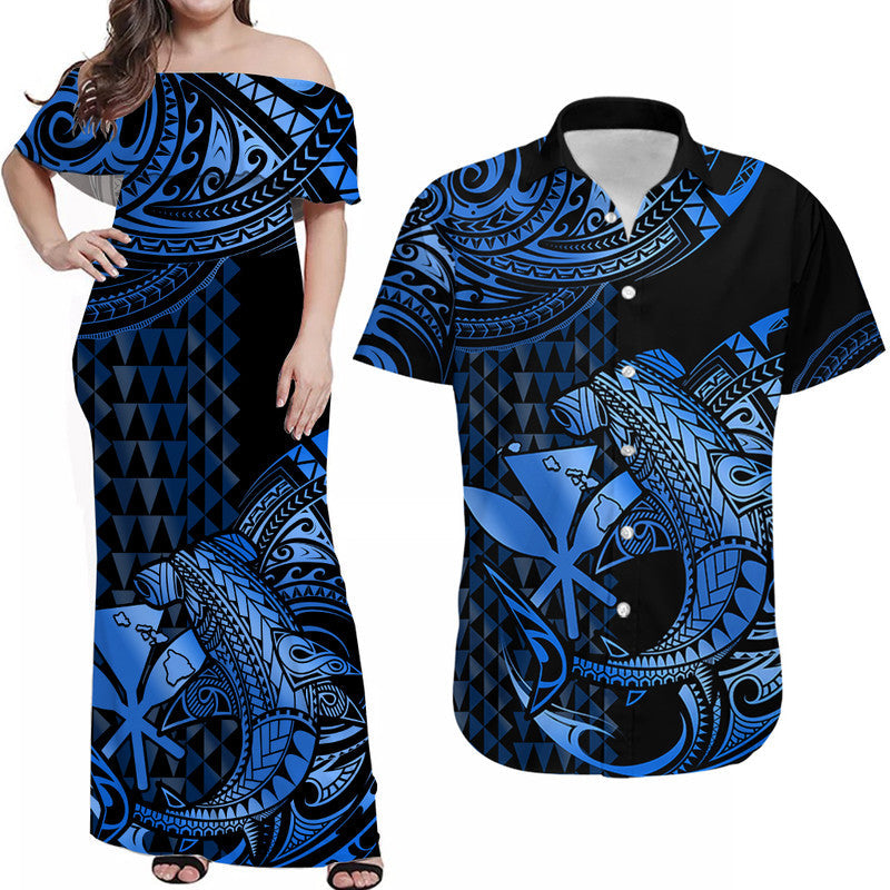 Matching Outfits For Couples Hawaii Hammerhead Shark Combo Dress And Hawaiian Shirt Polynesian Kakau With Kanaka Blue