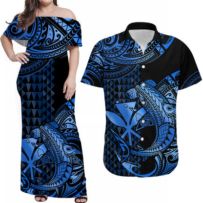 Matching Outfits For Couples Hawaii Hammerhead Shark Combo Dress And Hawaiian Shirt Polynesian Kakau With Kanaka Blue