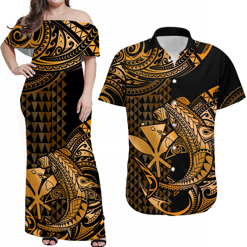 Matching Outfits For Couples Hawaii Hammerhead Shark Combo Dress And Hawaiian Shirt Polynesian Kakau With Kanaka Gold