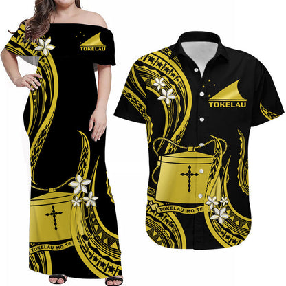 Matching Outfits For Couples Tokelau Combo Dress and Hawaiian Shirt Tokelauan Tatau With Badge Yellow