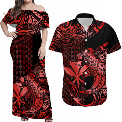 Matching Outfits For Couples Hawaii Hammerhead Shark Combo Dress And Hawaiian Shirt Polynesian Kakau With Kanaka Red