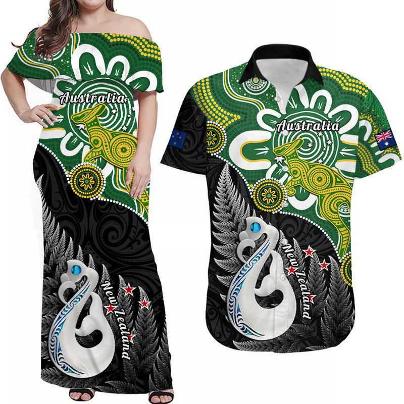Personalised Matching Outfits For Couples New Zealand And Australia Combo Dress And Hawaiian Shirt Aboriginal Mix Aotearoa Maori Unique