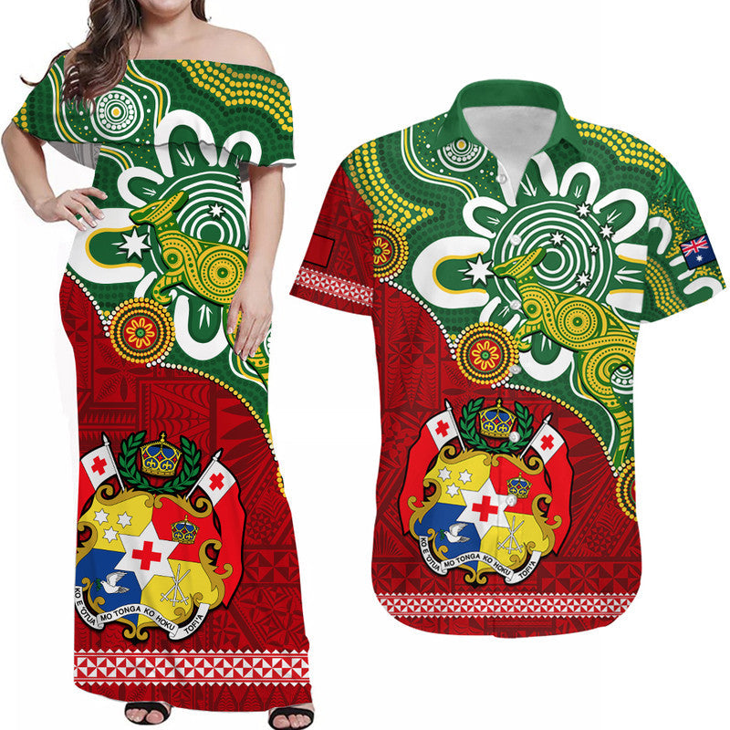 Personalised Matching Outfits For Couples Australia And Tonga Combo Dress And Hawaiian Shirt Aboriginal Mix Tongan Ngatu Unique