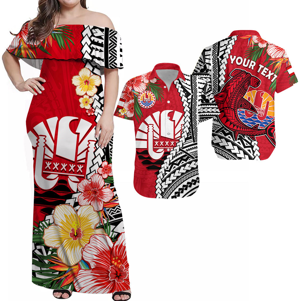 (Custom Personalised) Matching Outfits For Couples Tahiti Islands Combo Dress And Shirt Polynesian Shark Mix Tropical Flowers