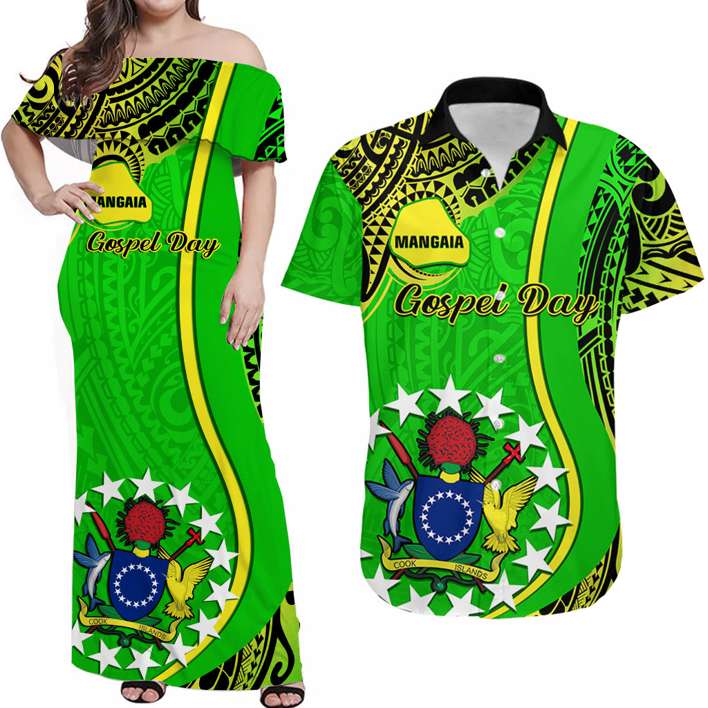 Personalised Cook Islands Matching Clothes For Couples June 15 Mangaia Gospel Day Combo Dress And Hawaiian Shirt Green