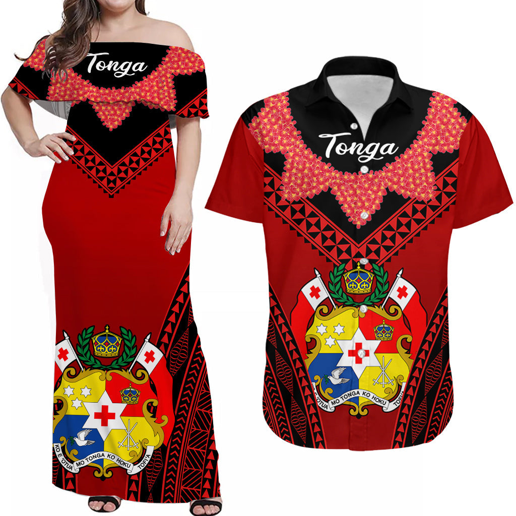 Personalised Tonga Matching Clothes For Couples Heilala Flowers Combo Dress And Hawaiian Shirt Tongan Ngatu Black