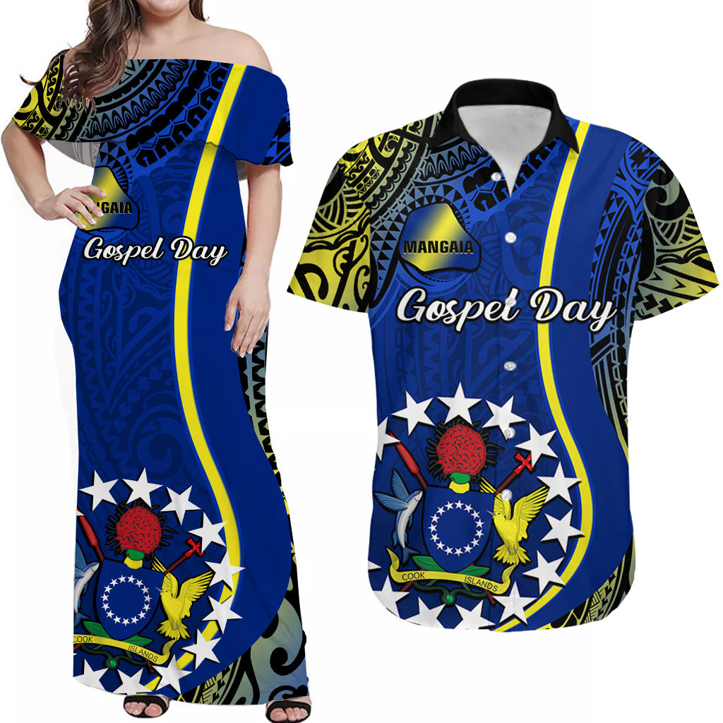 Personalised Cook Islands Matching Clothes For Couples June 15 Mangaia Gospel Day Combo Dress And Hawaiian Shirt Blue Version