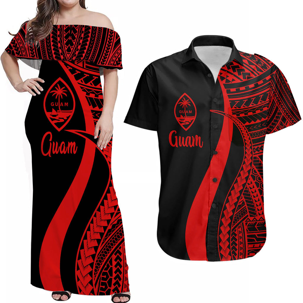 Matching Outfits For Couples Guam Combo Dress And Hawaiian Shirt Red Polynesian Tentacle Tribal Pattern
