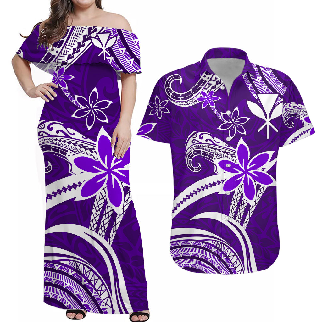 (Custom Personalised) Hawaii Couple Outfits Hawaii Flowers Wave Combo Dress and Hawaiian Shirt Kanaka Maoli Purple Polynesian