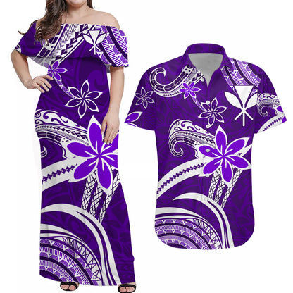 (Custom Personalised) Hawaii Couple Outfits Hawaii Flowers Wave Combo Dress and Hawaiian Shirt Kanaka Maoli Purple Polynesian