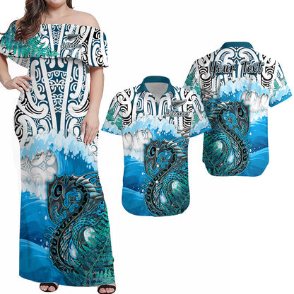 (Custom Personalised) Matching Outfits For Couples Manaia Maori Combo Dress and Hawaiian Shirt Fern Aotearoa Blue Waves