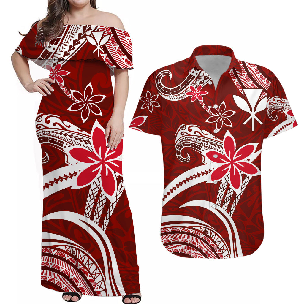 (Custom Personalised) Hawaii Couple Outfits Hawaii Flowers Wave Combo Dress and Hawaiian Shirt Kanaka Maoli Red Polynesian