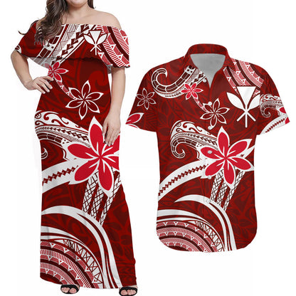 (Custom Personalised) Hawaii Couple Outfits Hawaii Flowers Wave Combo Dress and Hawaiian Shirt Kanaka Maoli Red Polynesian
