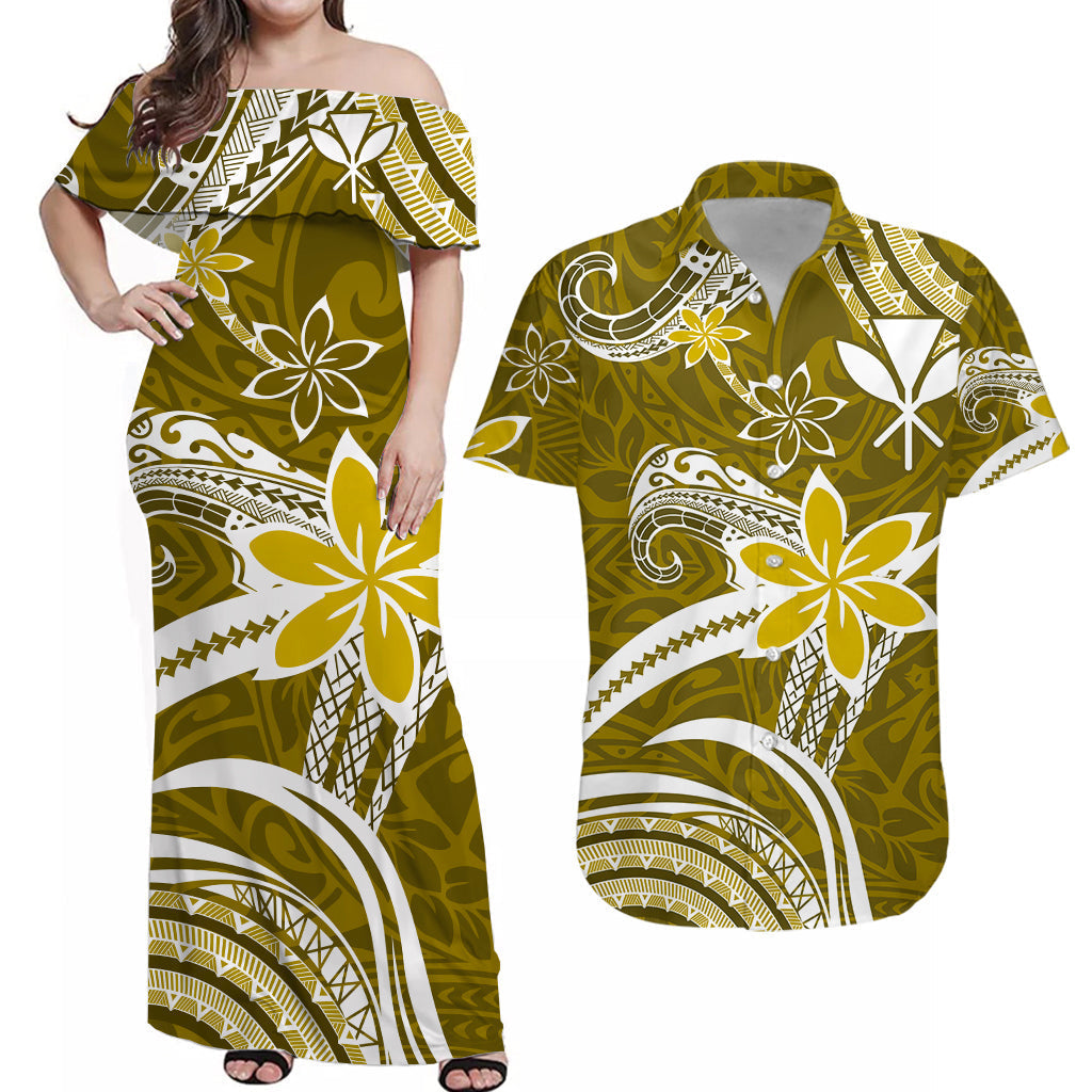 (Custom Personalised) Hawaii Couple Outfits Hawaii Flowers Wave Combo Dress and Hawaiian Shirt Kanaka Maoli Gold Polynesian