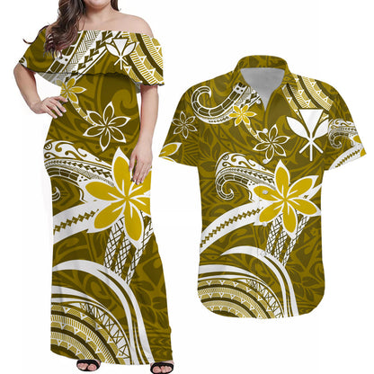 (Custom Personalised) Hawaii Couple Outfits Hawaii Flowers Wave Combo Dress and Hawaiian Shirt Kanaka Maoli Gold Polynesian