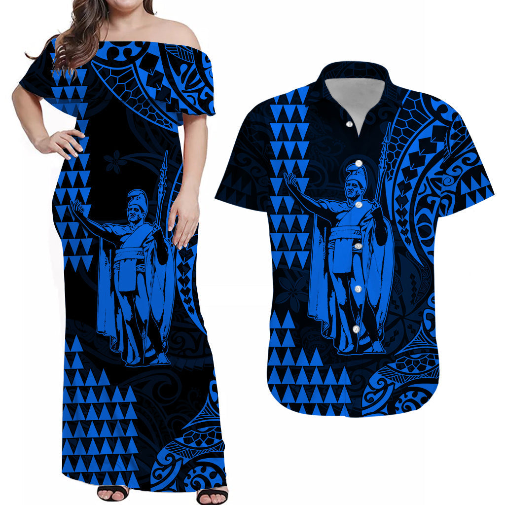 (Custom Personalised) Hawaii Day Kakau Matching Outfits For Couples Dress and Shirt Proud To Be Hawaiian Blue King Kamehameha and Kanaka