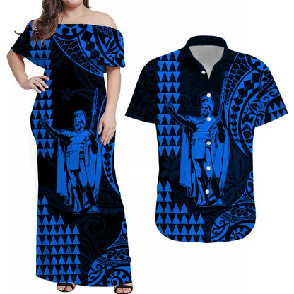 (Custom Personalised) Hawaii Day Kakau Matching Outfits For Couples Dress and Shirt Proud To Be Hawaiian Blue King Kamehameha and Kanaka