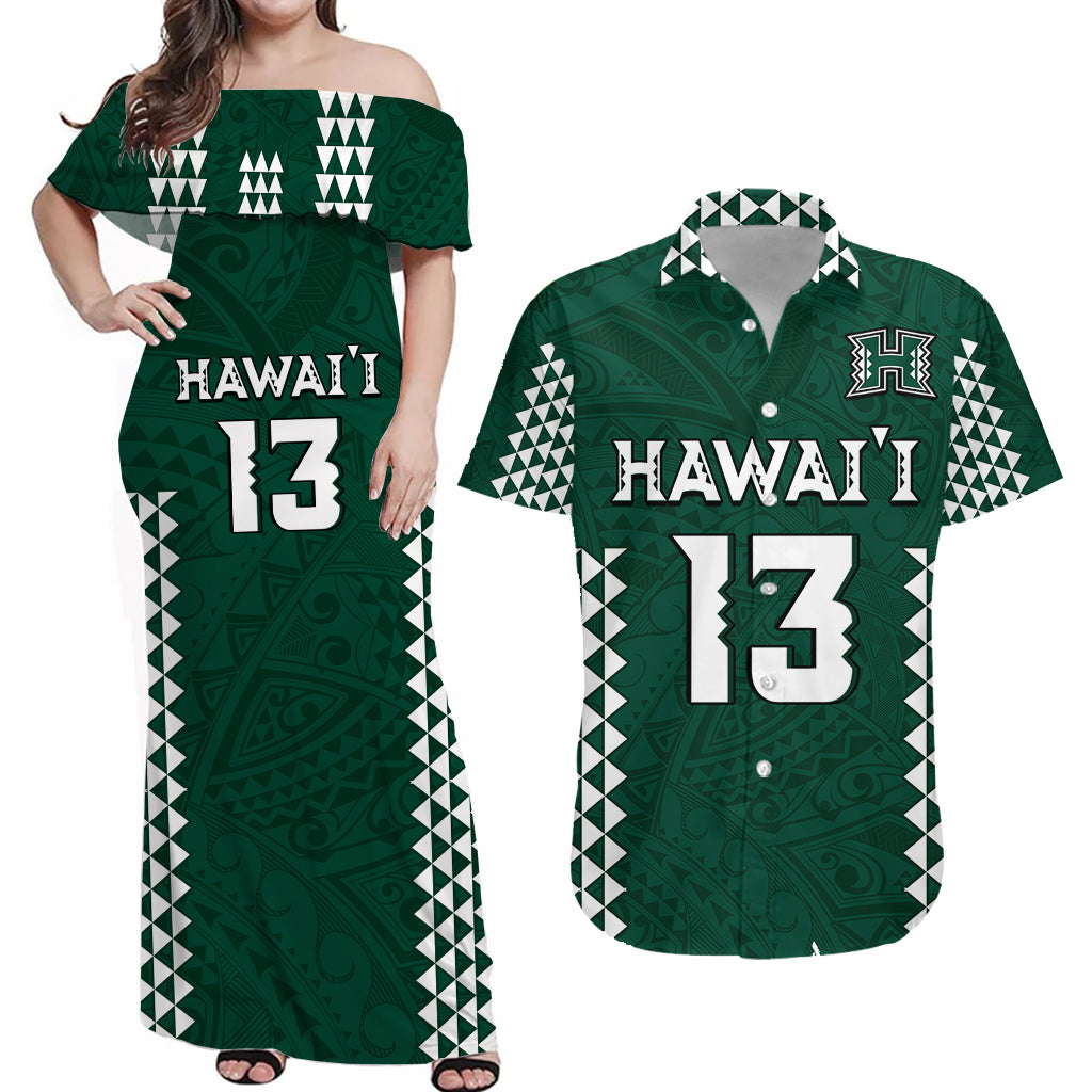 (Custom Text And Number) Matching Outfits For Couples Hawaii Football Combo Dress and Hawaiian Shirt Kakau Warrior Be Stronger