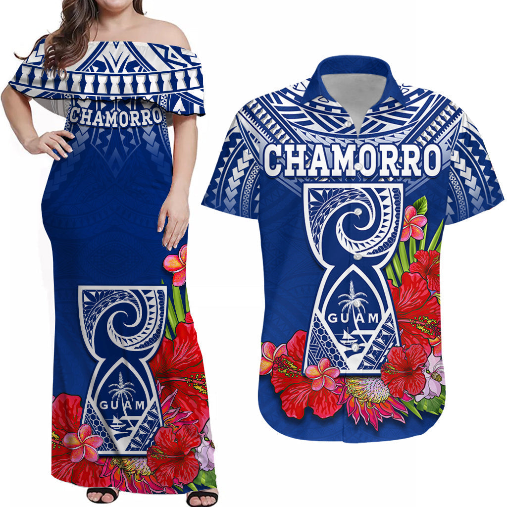 (Custom Personalised) Guam Chamorro Matching Outfit For Couple Combo Dress And Shirt Guaman Latte Stone Tropical Flowers Blue Version