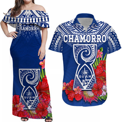 (Custom Personalised) Guam Chamorro Matching Outfit For Couple Combo Dress And Shirt Guaman Latte Stone Tropical Flowers Blue Version