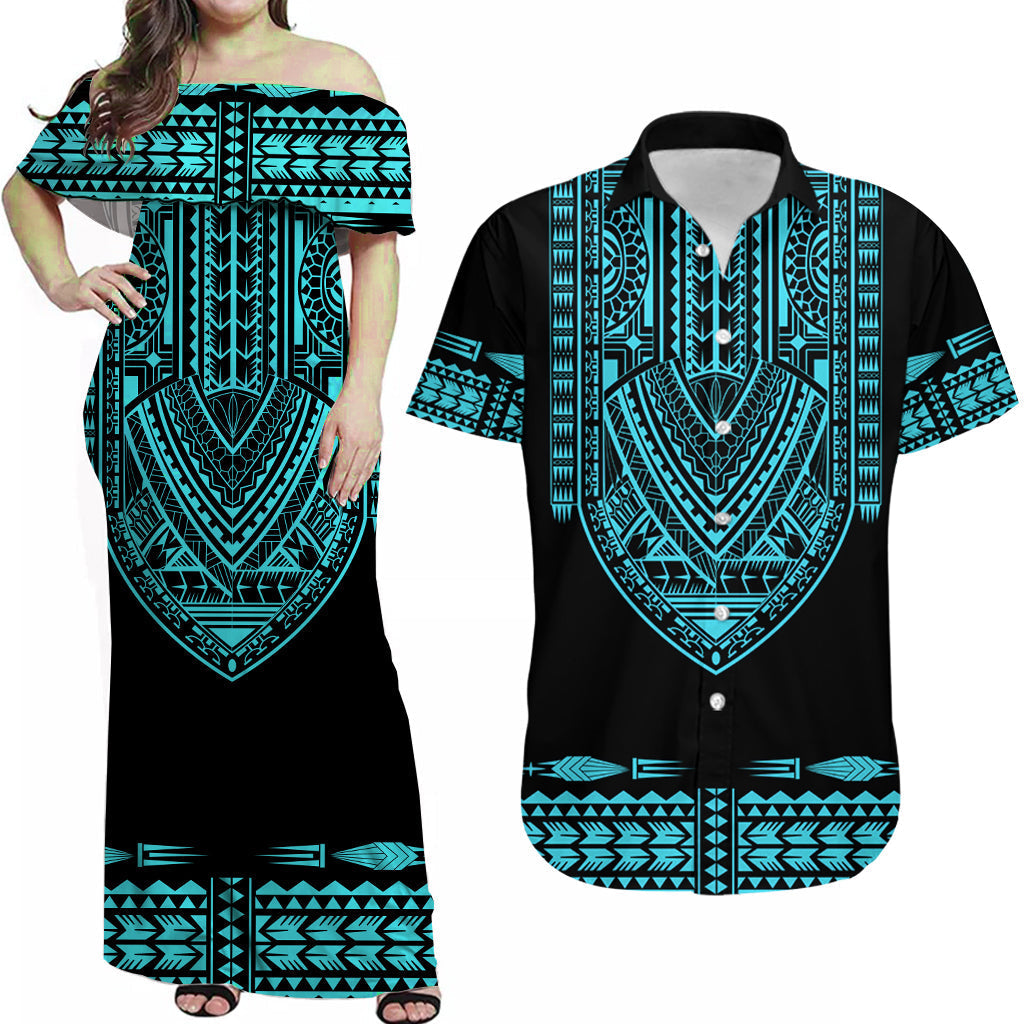 (Custom Personalised) Outfit For Couple Polynesian Tribal Combo Dress And Hawaiian Shirt Dashiki With Polynesian Tattoo Royal Turquoise Version