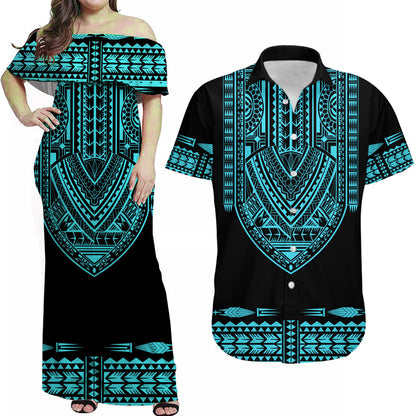 (Custom Personalised) Outfit For Couple Polynesian Tribal Combo Dress And Hawaiian Shirt Dashiki With Polynesian Tattoo Royal Turquoise Version