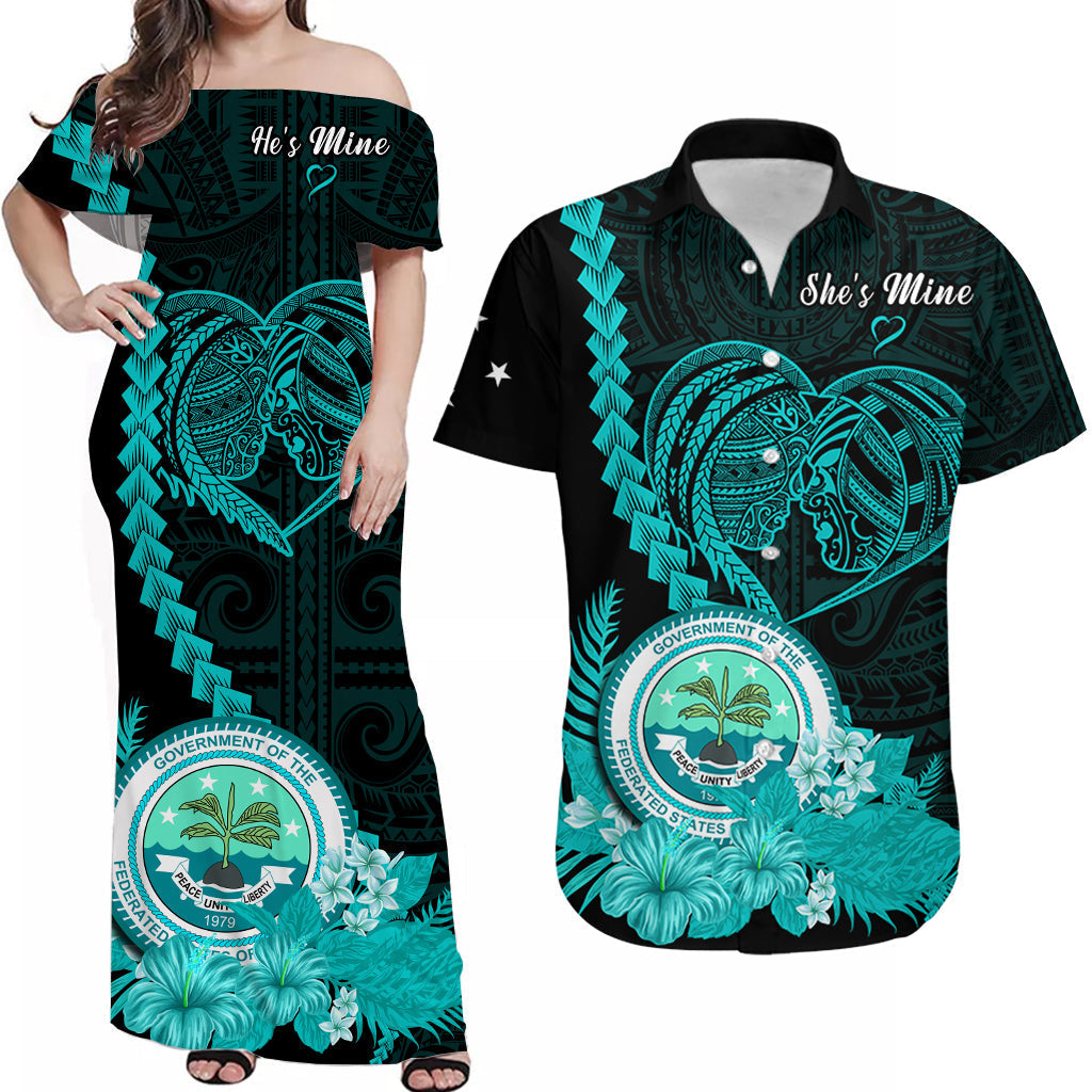 (Custom Personalised) FSM Valentine Couple Matching Outfit For Couple Combo Dress And Hawaiian Shirt Heart Love Tropical Flowers Turquoise
