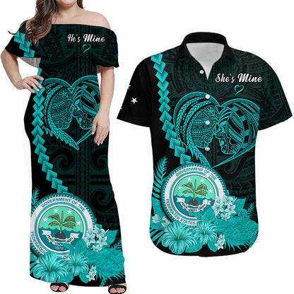 (Custom Personalised) FSM Valentine Couple Matching Outfit For Couple Combo Dress And Hawaiian Shirt Heart Love Tropical Flowers Turquoise